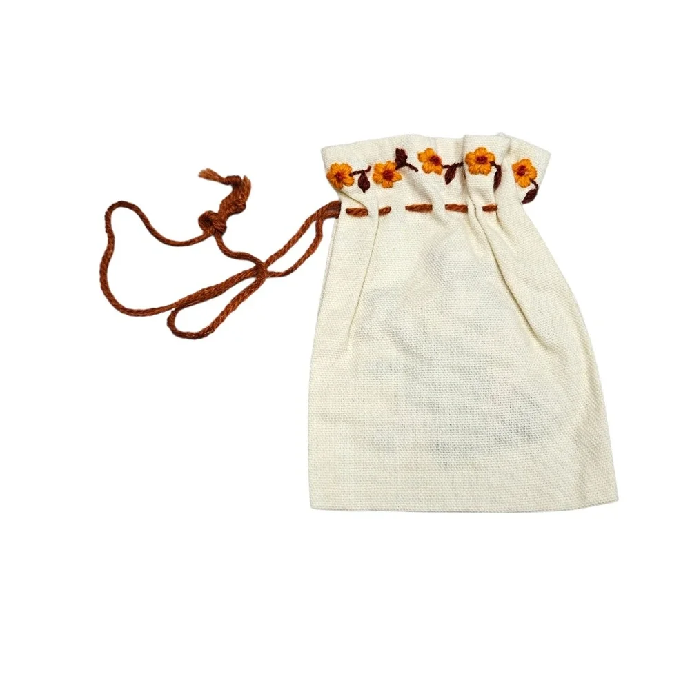 Hand Embroidered Drawstring Pouch Bag Floral Bee Cottagecore Keepsake Gift Indie